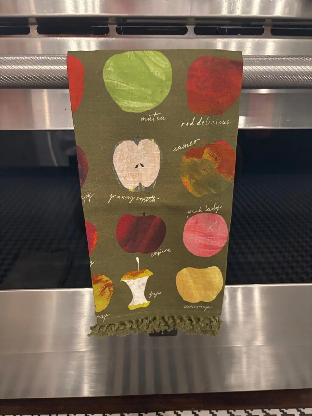 Anthropologie Olive Green Apple Print Kitchen Towel